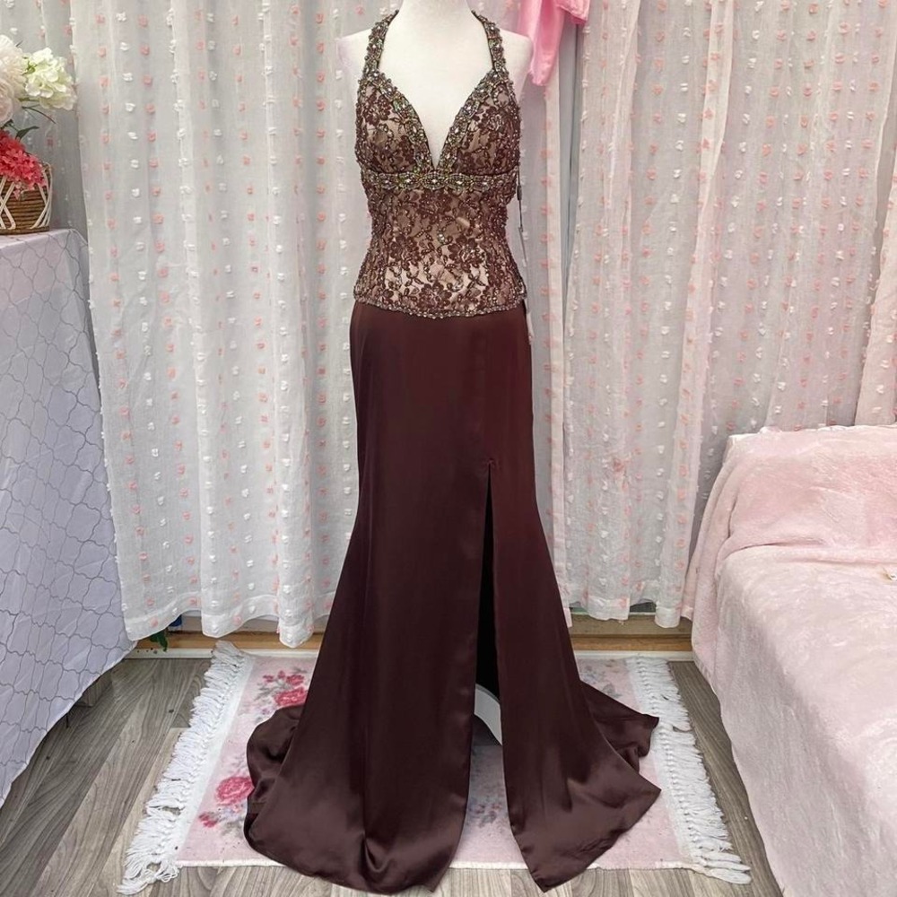 Vintage 90s Brown Beaded prom gown Dress Sz 8